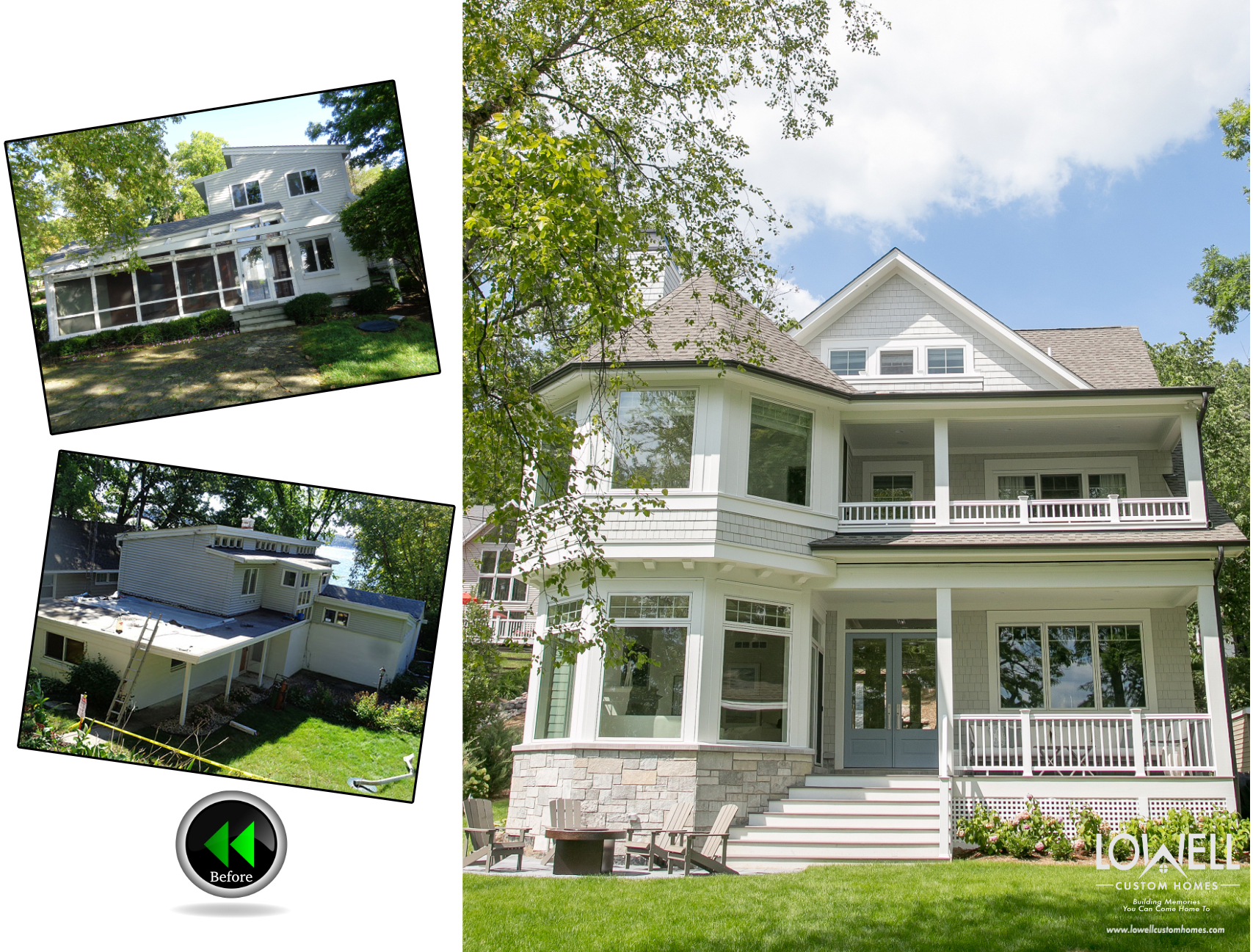 Before and After original lake home tear down for new home by Lowell Custom Homes Lake Geneva WI